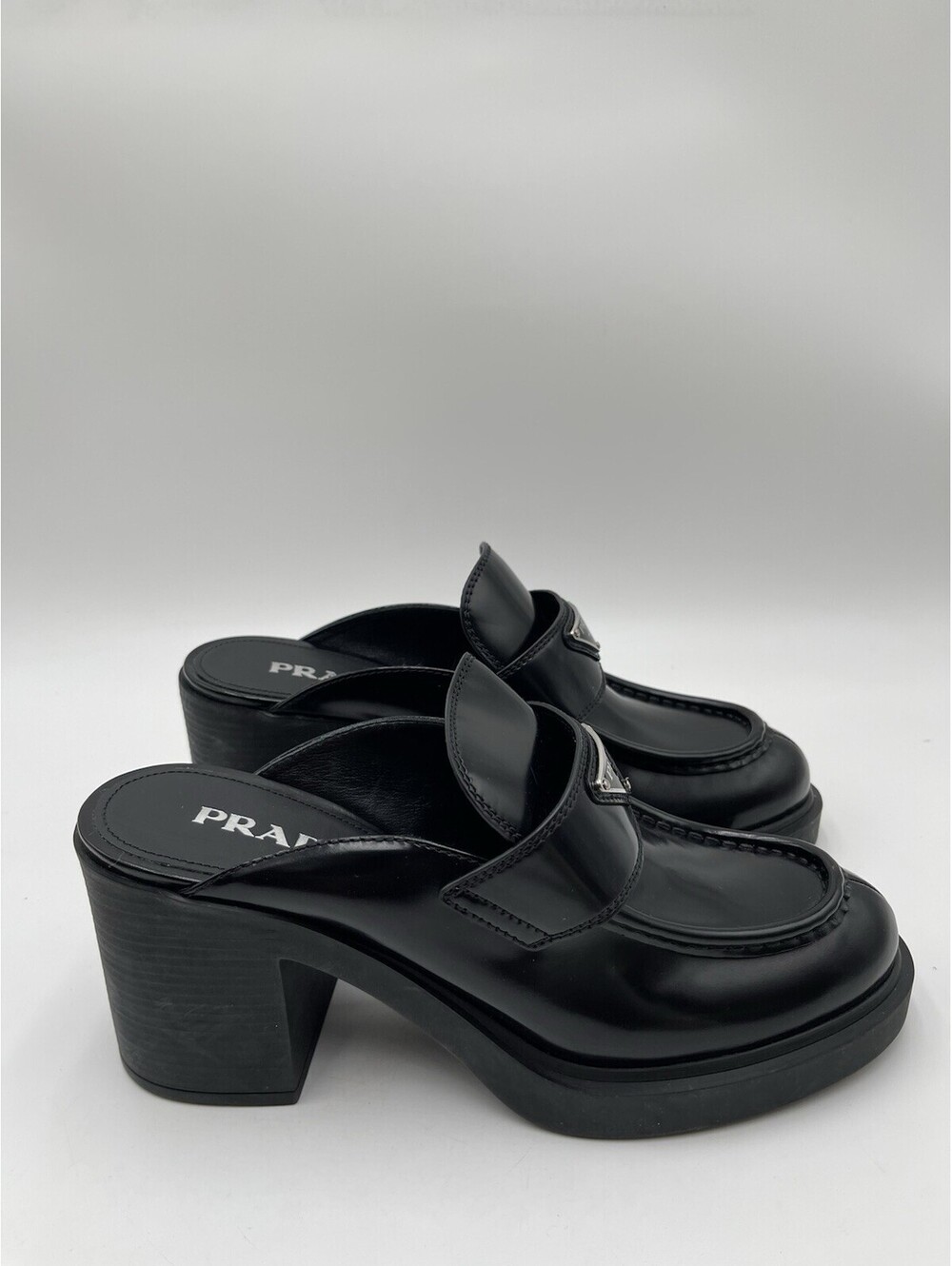 Prada Chocolate brushed leather heeled mules in black Size 41